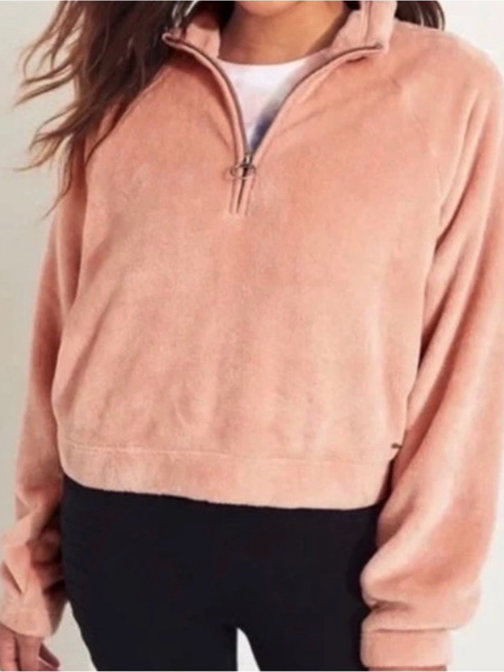 Hollister Cropped Plush Sherpa Pullover w/ Quarter Zip Salmon Color Sz S